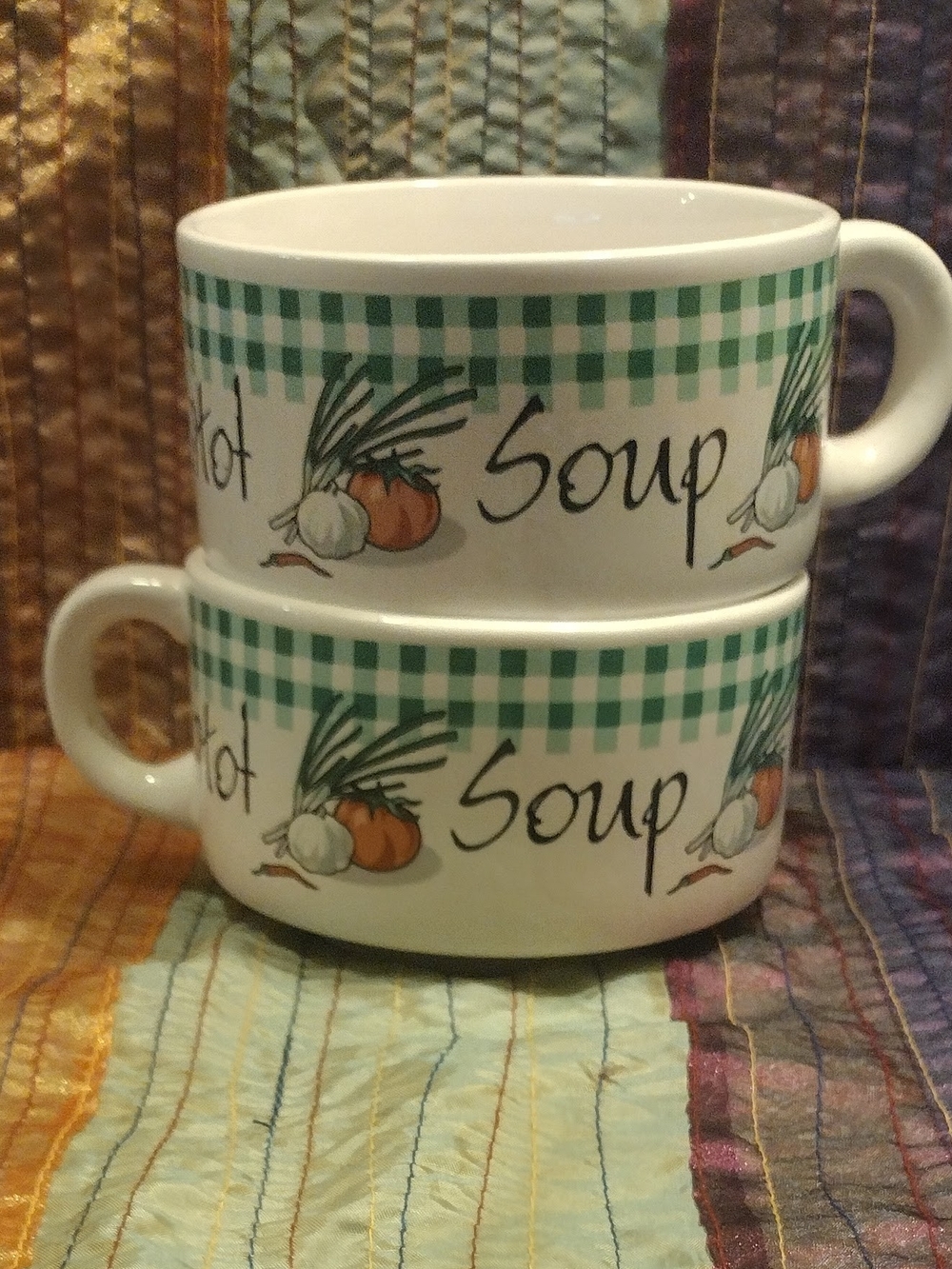 Green Check 'Soup' Ceramic Soup Mugs - Set of 2